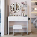 Round LED mirror dressing table cushioned stool, equipped large mirror, touch switch, 3 colors, adjustable brightness, large desktop White