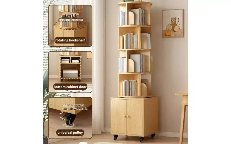 TUYOHW Rotating 5-Tier Corner Bookshelves with Wheels,Vertical Bookshelf,Narrow Storage Racks,Wood Bookcases for Office,Small Space