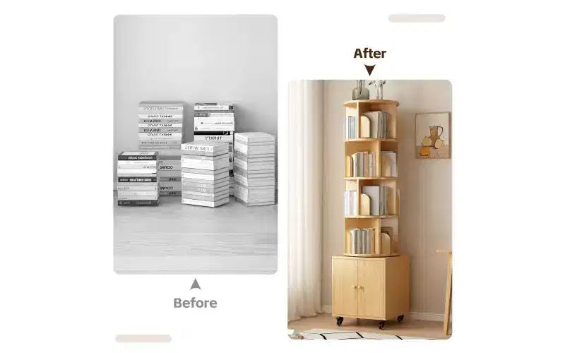 TUYOHW Rotating 5-Tier Corner Bookshelves with Wheels,Vertical Bookshelf,Narrow Storage Racks,Wood Bookcases for Office,Small Space