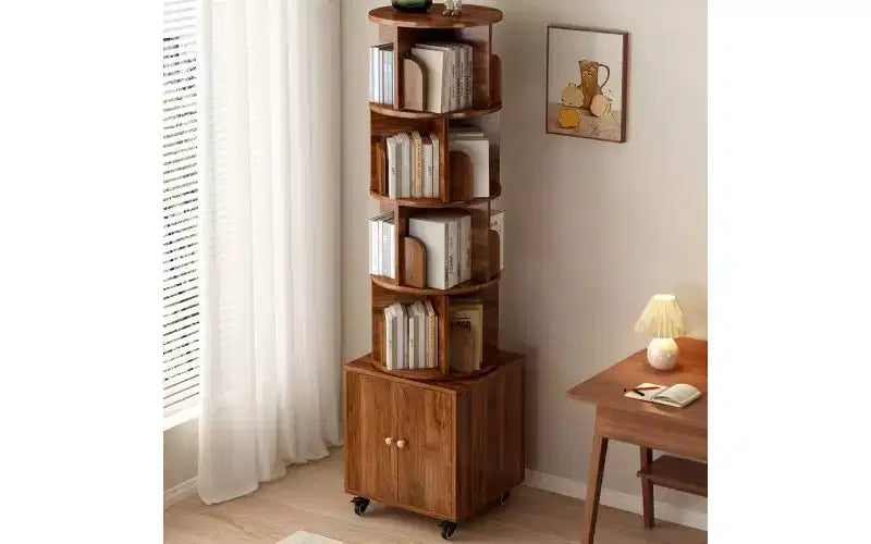 TUYOHW Rotating 5-Tier Corner Bookshelves with Wheels,Vertical Bookshelf,Narrow Storage Racks,Wood Bookcases for Office,Small Space