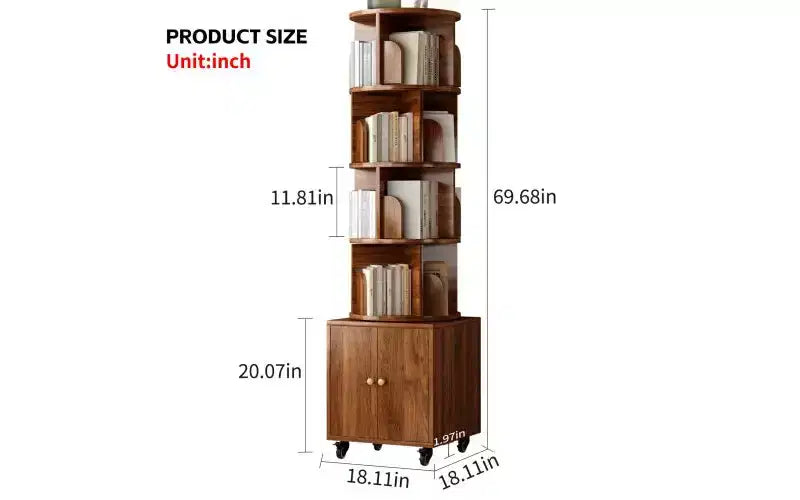 TUYOHW Rotating 5-Tier Corner Bookshelves with Wheels,Vertical Bookshelf,Narrow Storage Racks,Wood Bookcases for Office,Small Space