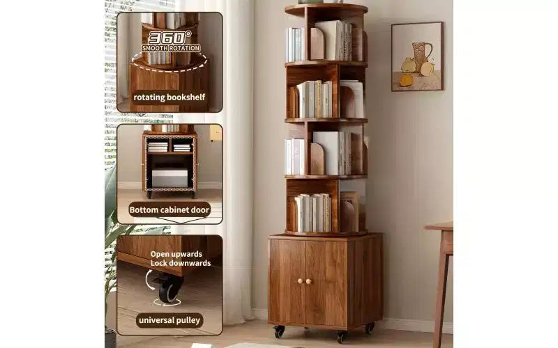 TUYOHW Rotating 5-Tier Corner Bookshelves with Wheels,Vertical Bookshelf,Narrow Storage Racks,Wood Bookcases for Office,Small Space