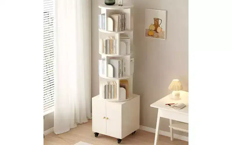 TUYOHW Rotating 5-Tier Corner Bookshelves with Wheels,Vertical Bookshelf,Narrow Storage Racks,Wood Bookcases for Office,Small Space