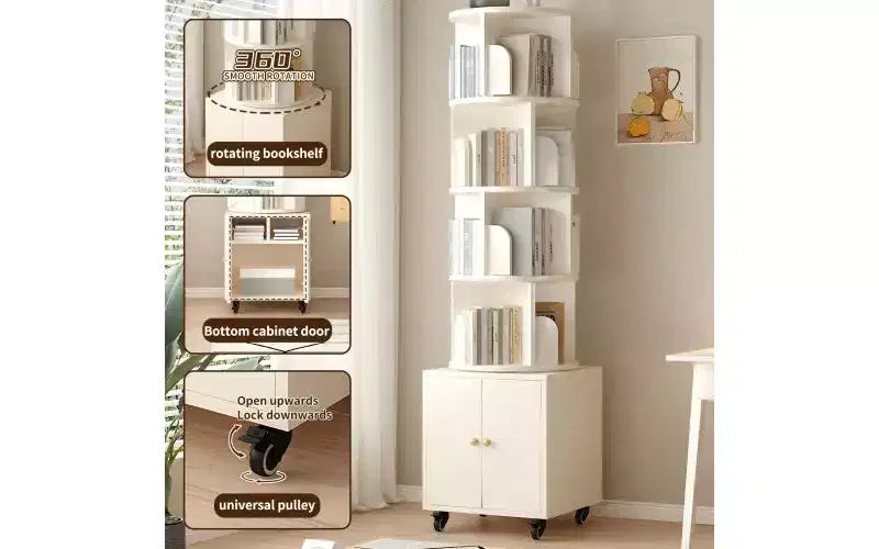 TUYOHW Rotating 5-Tier Corner Bookshelves with Wheels,Vertical Bookshelf,Narrow Storage Racks,Wood Bookcases for Office,Small Space