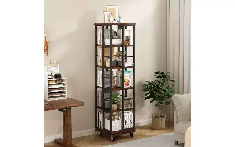 TUYOHW Rotating 5-Tier Corner Bookshelves with Wheels,Vertical Bookshelf,Narrow Storage Racks,Wood Bookcases for Office,Small Space
