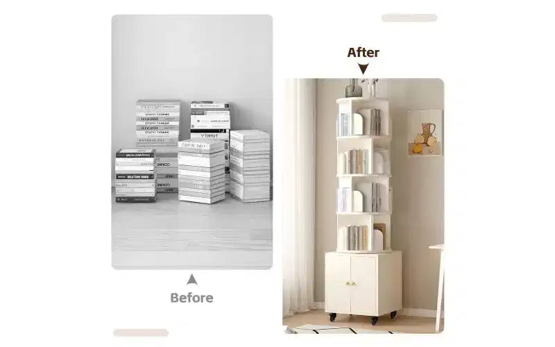 TUYOHW Rotating 5-Tier Corner Bookshelves with Wheels,Vertical Bookshelf,Narrow Storage Racks,Wood Bookcases for Office,Small Space
