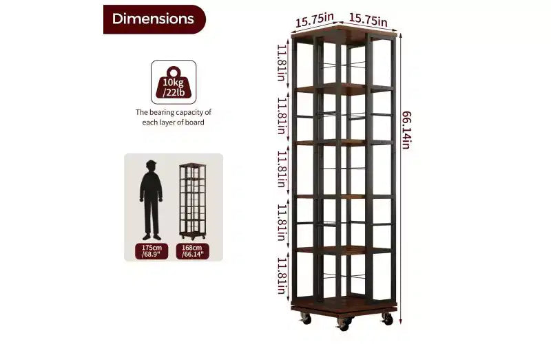 TUYOHW Rotating 5-Tier Corner Bookshelves with Wheels,Vertical Bookshelf,Narrow Storage Racks,Wood Bookcases for Office,Small Space