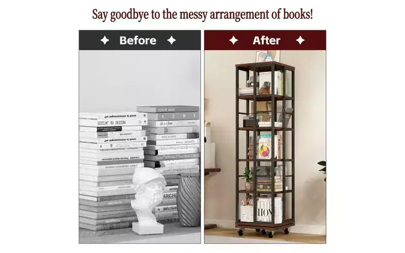 TUYOHW Rotating 5-Tier Corner Bookshelves with Wheels,Vertical Bookshelf,Narrow Storage Racks,Wood Bookcases for Office,Small Space