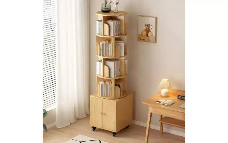 TUYOHW Rotating 5-Tier Corner Bookshelves with Wheels,Vertical Bookshelf,Narrow Storage Racks,Wood Bookcases for Office,Small Space