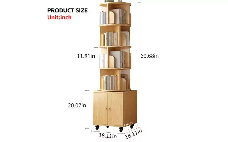 TUYOHW Rotating 5-Tier Corner Bookshelves with Wheels,Vertical Bookshelf,Narrow Storage Racks,Wood Bookcases for Office,Small Space