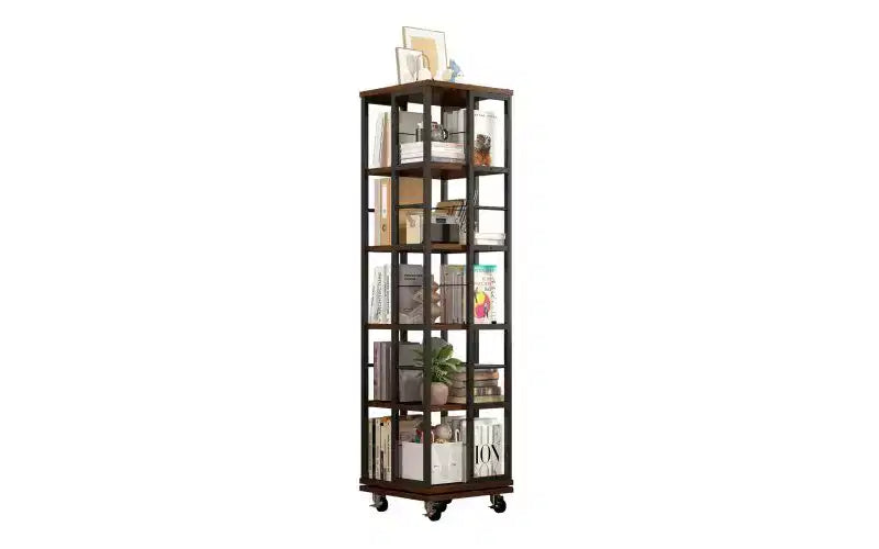 TUYOHW Rotating 5-Tier Corner Bookshelves with Wheels,Vertical Bookshelf,Narrow Storage Racks,Wood Bookcases for Office,Small Space