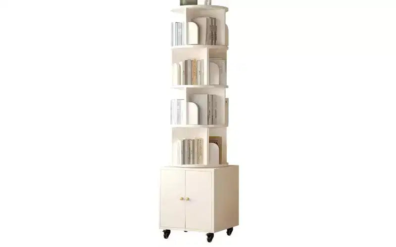 TUYOHW Rotating 5-Tier Corner Bookshelves with Wheels,Vertical Bookshelf,Narrow Storage Racks,Wood Bookcases for Office,Small Space