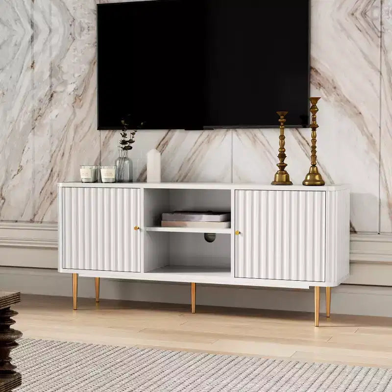 Mid Century Modern TV Stand with Fluted Doors, 55/60/65 inch White Entertainment Center with Storage, Media Console for Living Room, Bedroom