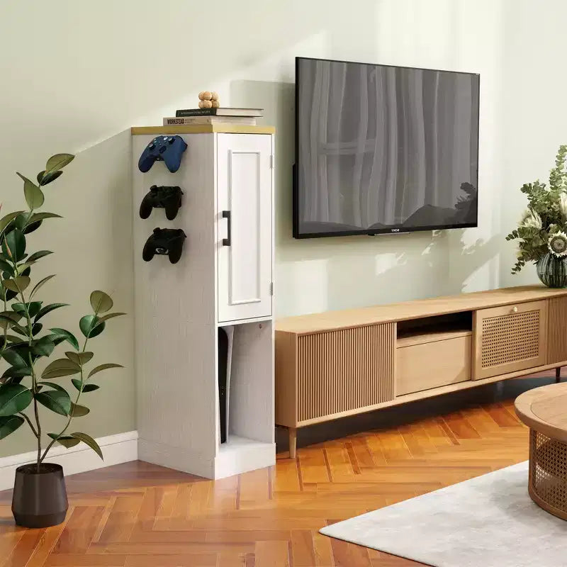 AndMakers Antique White Media Storage Cabinet with Shelves and Drawers
