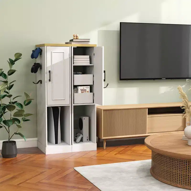 AndMakers Antique White Media Storage Cabinet with Shelves and Drawers