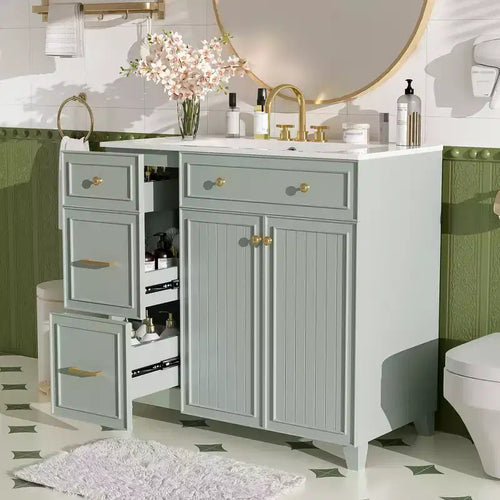 36 Bathroom Vanity Sink Combo with Drawers and Adjustable Shelves, Modern Storage Cabinet with Soft Close Doors