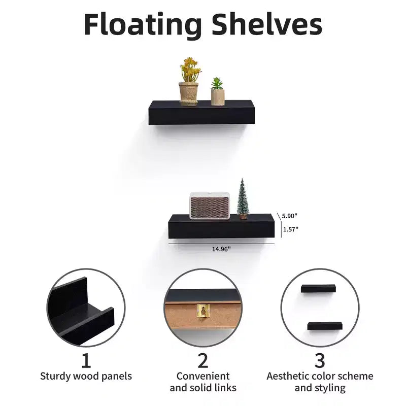 14.96 Black Floating Shelf C invisible-bracket wood wall mount, perfect bathroom/bedroom/kitchen dcor or book/plant display, easy install.