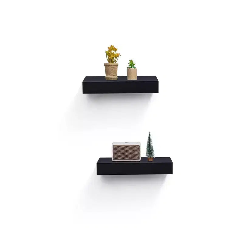 14.96 Black Floating Shelf C invisible-bracket wood wall mount, perfect bathroom/bedroom/kitchen dcor or book/plant display, easy install.